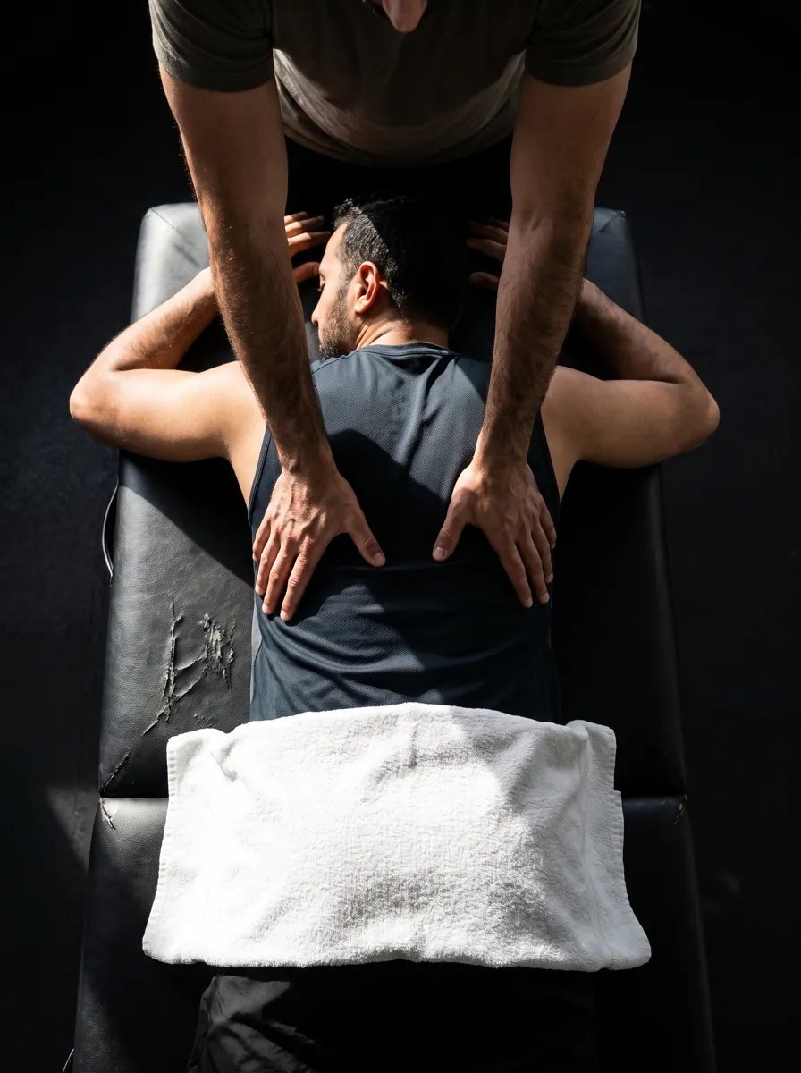 معالج يشتغل على ظهر رجل على طاولة سوداء